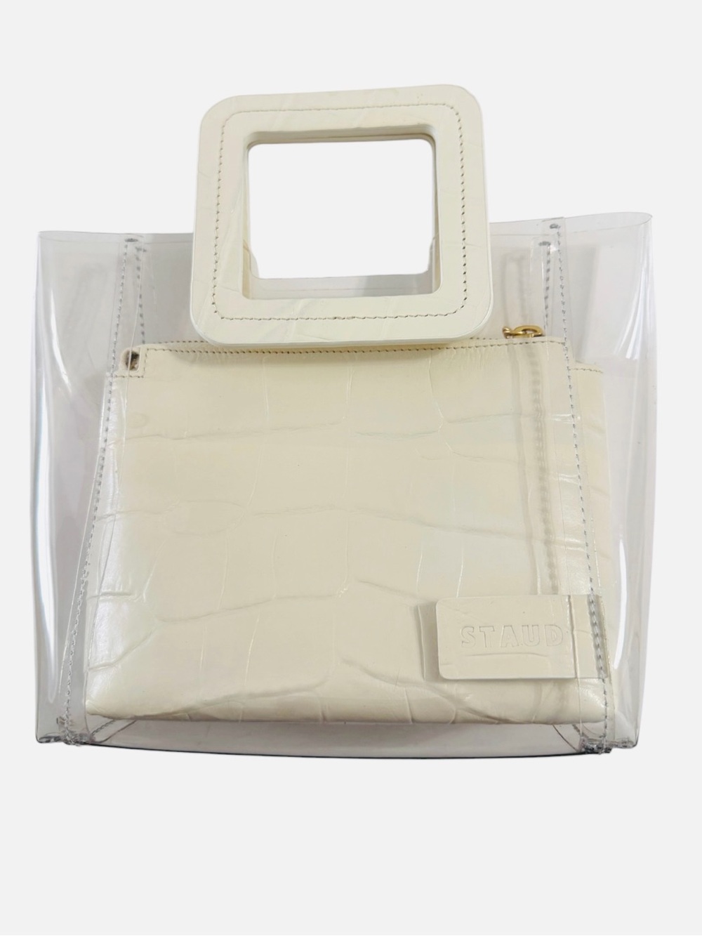 STAUD Mini Shirley Stadium Tote Ivory Croc Embossed Leather Clear PVC Bag